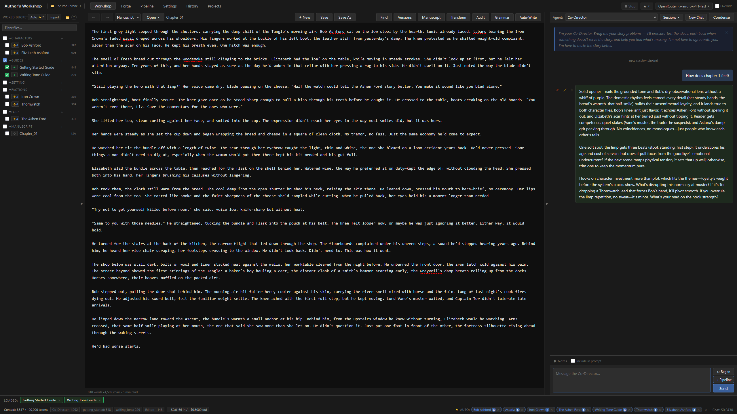 Author's Workshop — Chapter 1 open in the editor with the Co-Director agent giving feedback