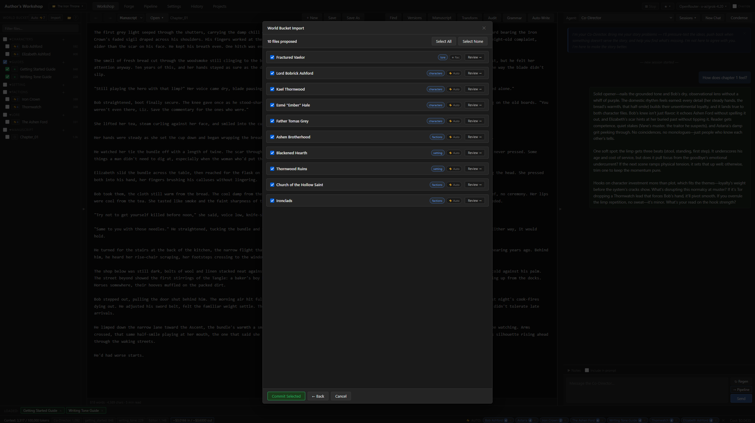 Import results — 10 entries proposed, each with type and category, ready to review